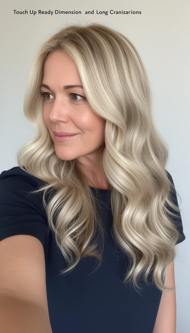 selfie of a 40-year-old woman wearing a dark top with a Touch Up Ready Dimension colored long, dimensional blonde hair styled in loose, flowing waves, side view, minimal background