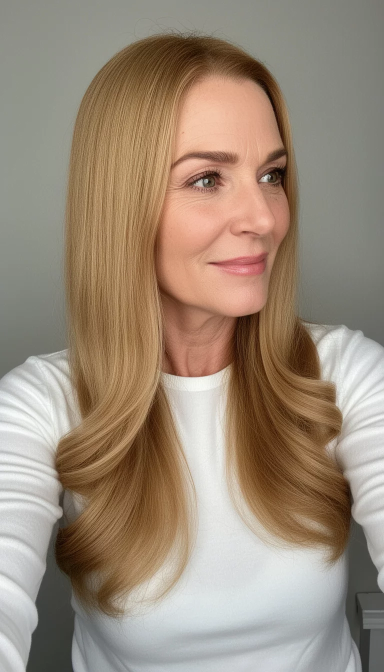 selfie of a 48-year-old woman wearing a white long-sleeved top with a Honey Glazed Lengths colored long, honey blonde hair styled straight with soft waves at the ends, side view, minimal background