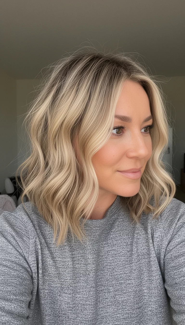 selfie of a 36-year-old woman wearing a grey top with a Textured Sun Kissed Grit colored sun-kissed blonde hair styled in messy, textured waves with face-framing pieces, side view, minimal background