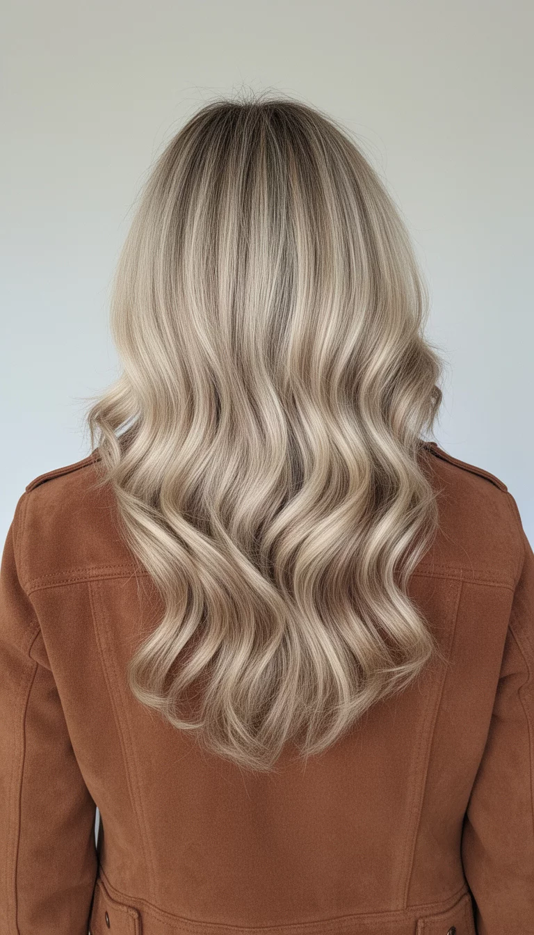 selfie of a 42-year-old woman wearing a brown suede jacket with a Dimensional Sun Drenched Layers colored long, layered blonde hair styled with soft waves, back view, minimal background