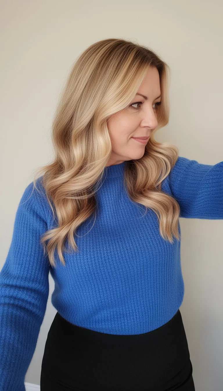 selfie of a 41-year-old woman wearing a blue knit sweater over a black skirt with a Sunkissed Cafe Glow colored long, sunkissed blonde hair styled in soft waves, side view, minimal background