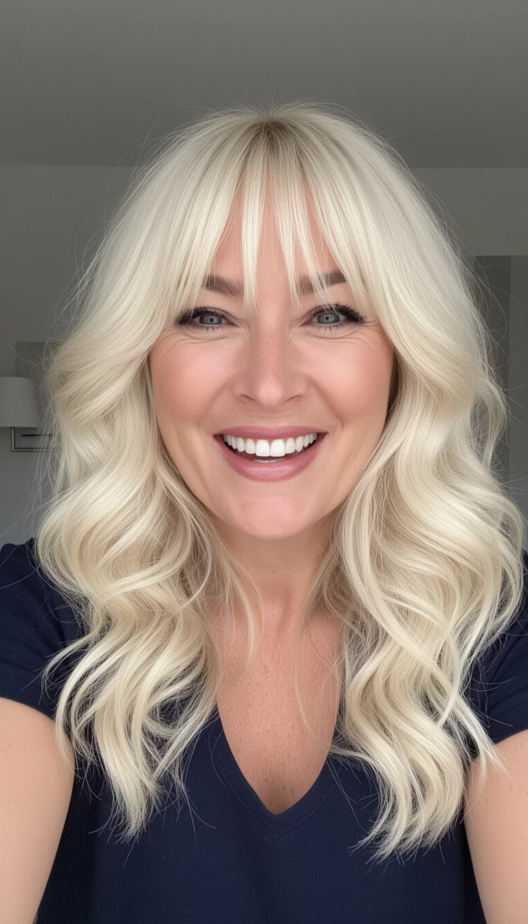 selfie of a 35-year-old woman wearing a dark top with a Bright Laughing Vanilla colored bright blonde hair with voluminous, soft waves and wispy curtain bangs, front view, minimal background