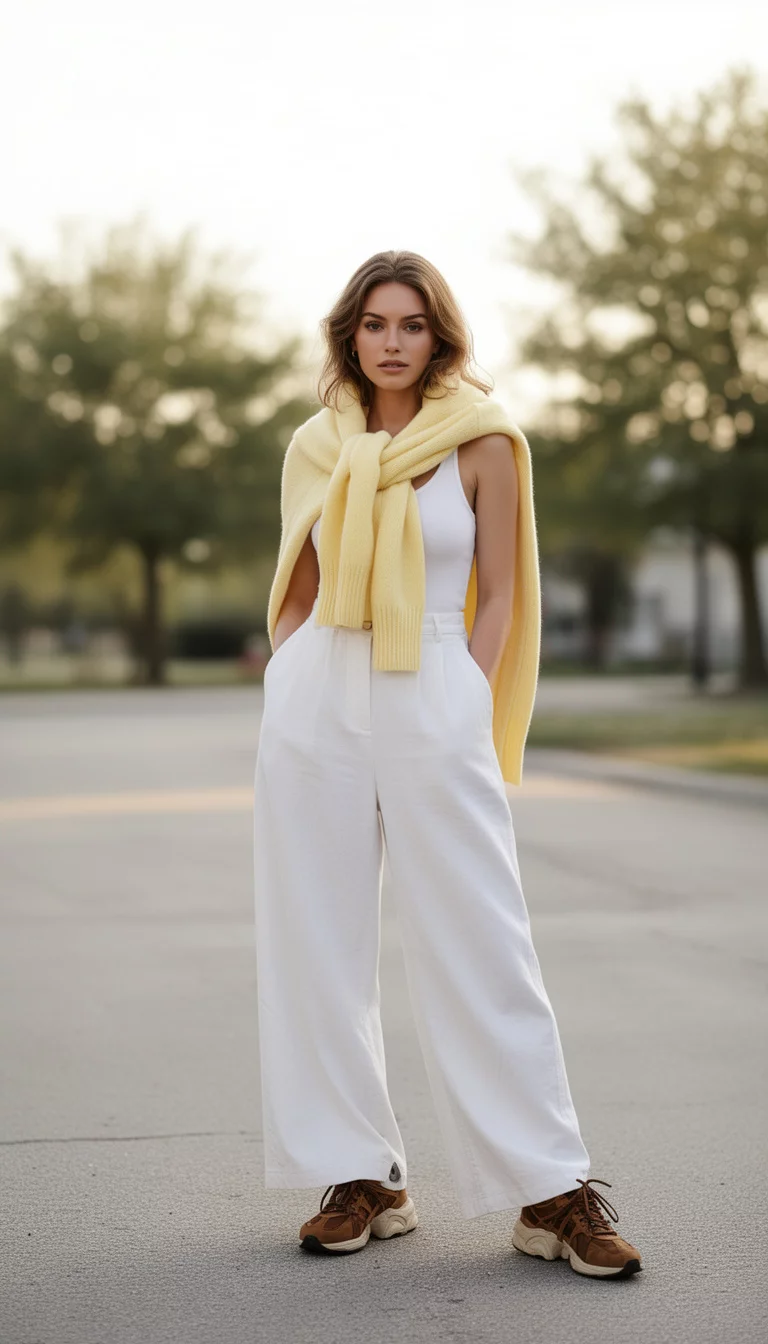 A beautiful woman with a pale yellow sweater draped over her shoulders, wearing a white tank top, wide white trousers, and brown sporty sneakers.