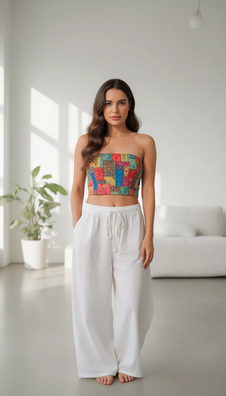 A beautiful woman in a colorful patchwork print strapless crop top and loose-fitting drawstring white pants, standing in a bright minimalist room.