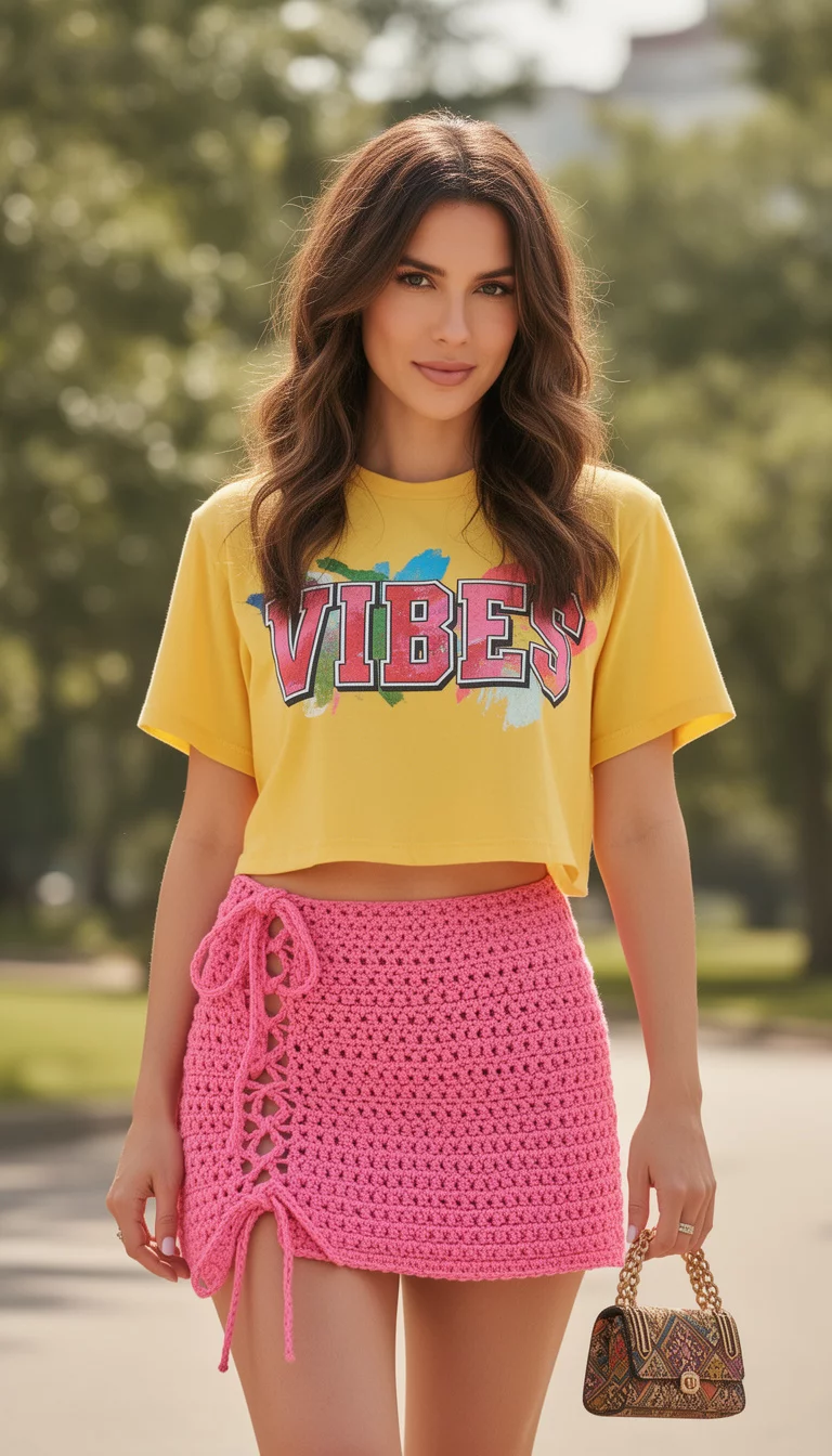 A beautiful woman in a yellow 'VIBES' graphic cropped top, textured pink crocheted micro-mini skirt with side ties, and a small patterned handbag.