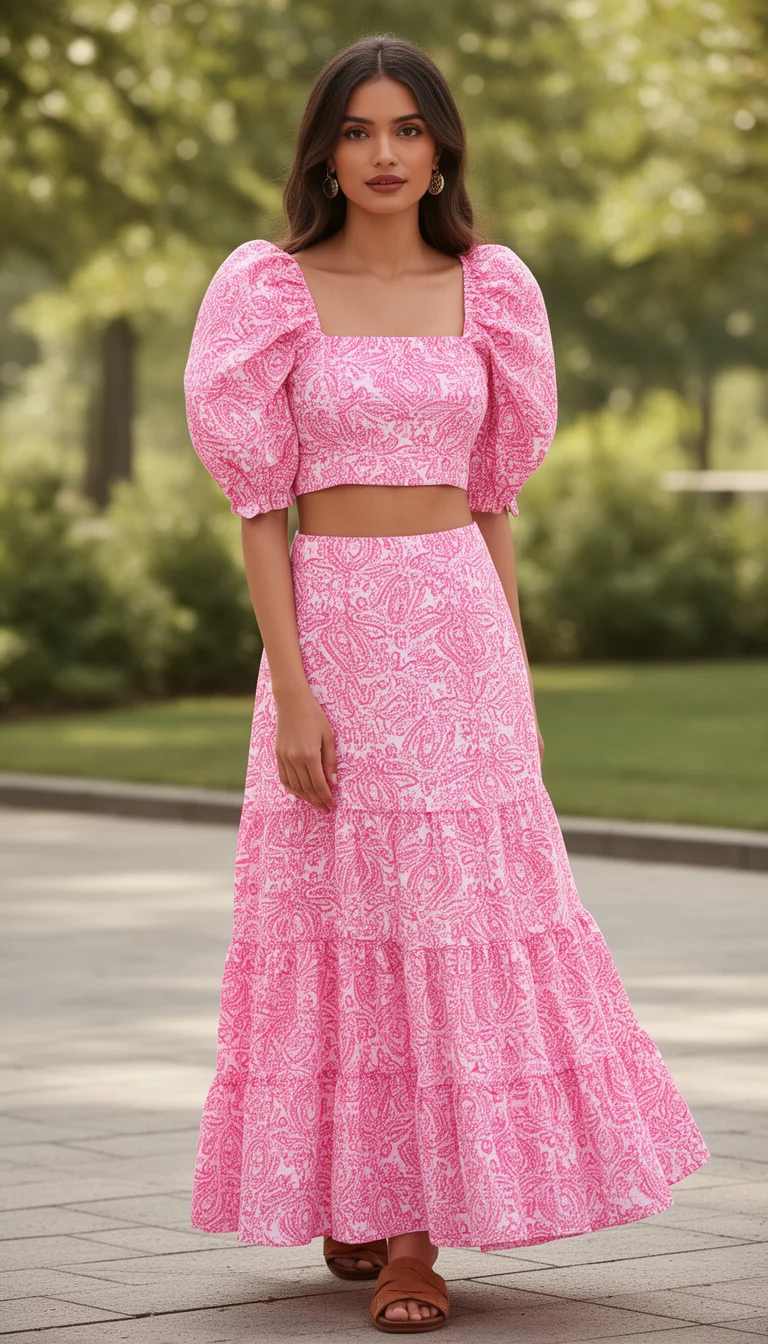 A beautiful woman in a pink and white patterned two-piece outfit featuring a puffed-sleeve cropped top and a long tiered skirt, with brown flat sandals.