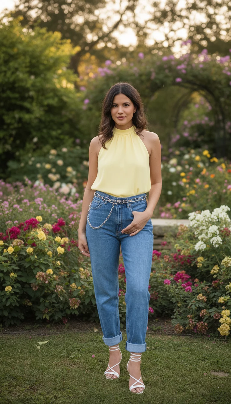 A beautiful woman in a pale yellow halter top, low-rise cuffed blue jeans with a silver chain belt, and white strappy heeled sandals in a garden.