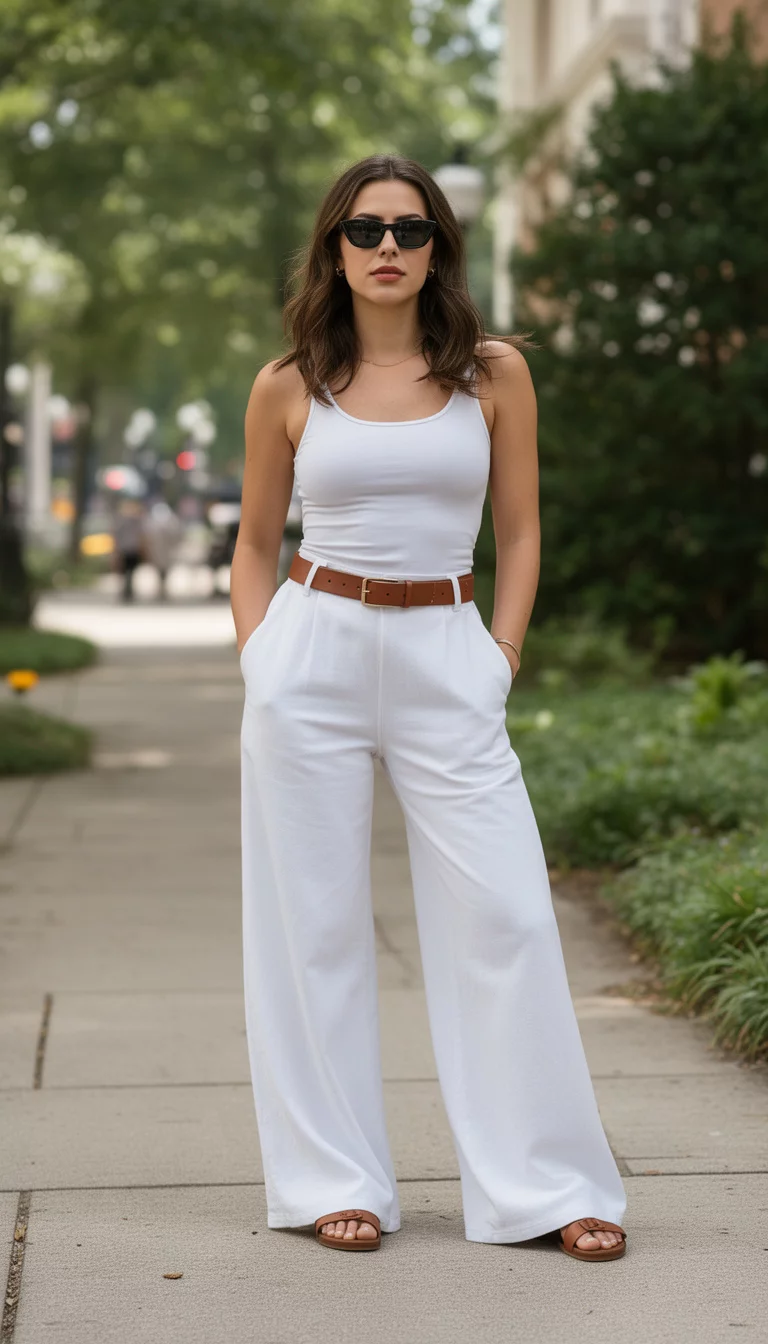 A beautiful woman in a tight white tank top, low-slung white wide-leg pants with a brown leather belt, brown sandals, and small black sunglasses.