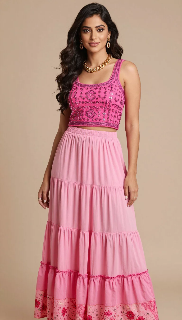 A beautiful woman in a bright pink embellished tank top tucked into a pink patchwork tiered maxi skirt, wearing chunky gold jewelry.