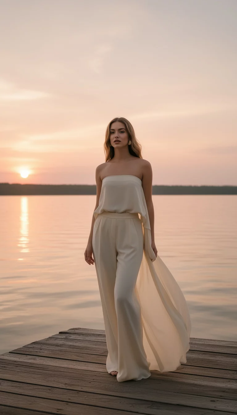 A beautiful woman in a cream-colored strapless flowing top with matching wide-leg trousers, standing on a wooden pier by water at sunset.