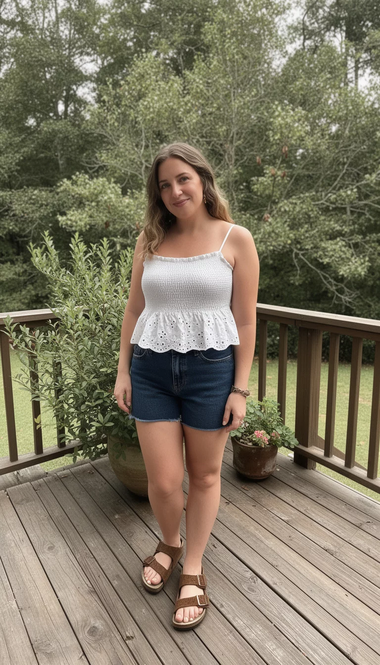 A beautiful woman in a white eyelet-detailed camisole top with a smocked bodice, dark wash denim shorts, and brown birkenstock-style sandals, standing on a wooden deck.