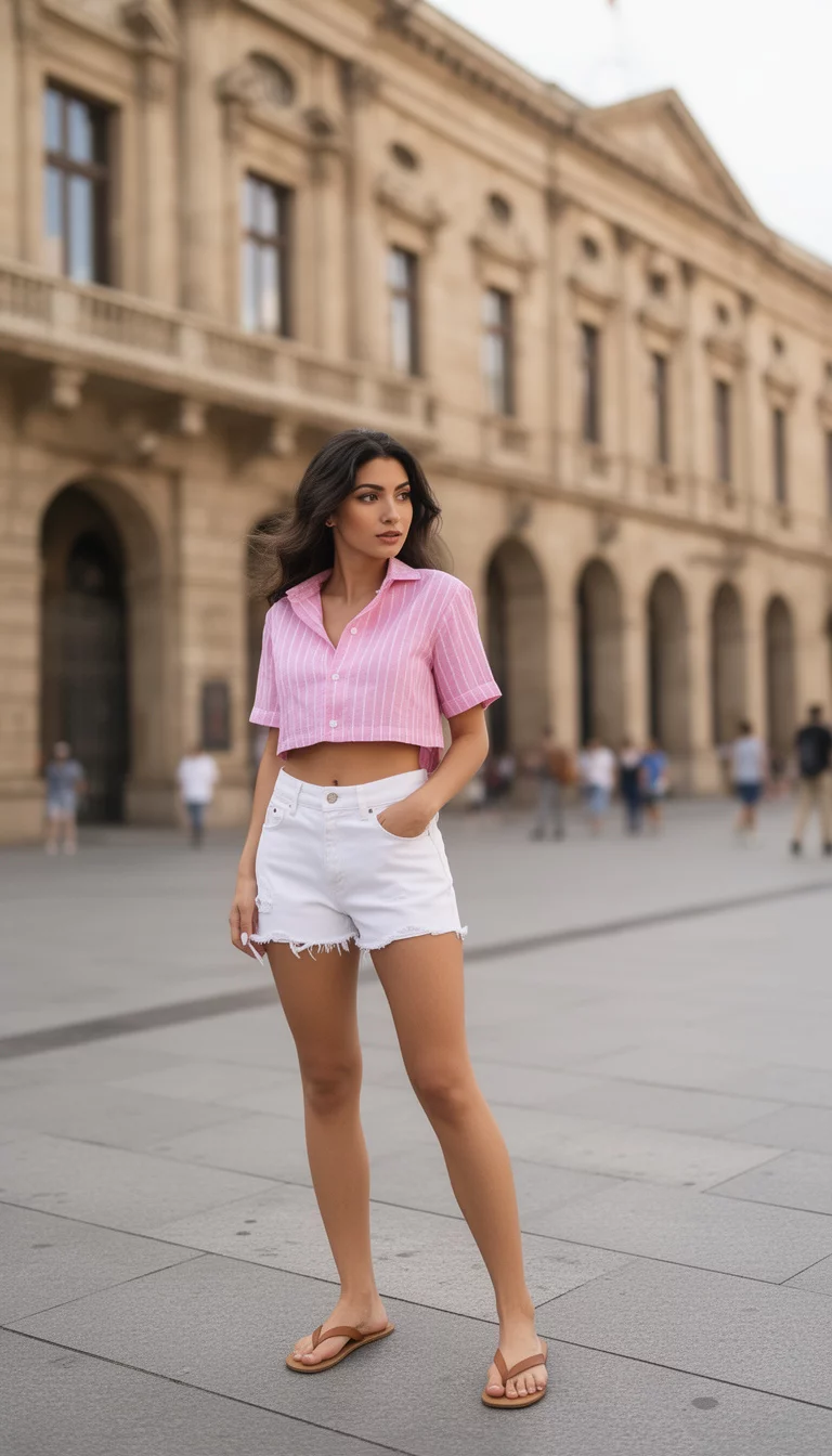 A beautiful woman in a pink striped short-sleeve button-up crop top, white denim shorts, and brown flip-flops, standing near a historic building.