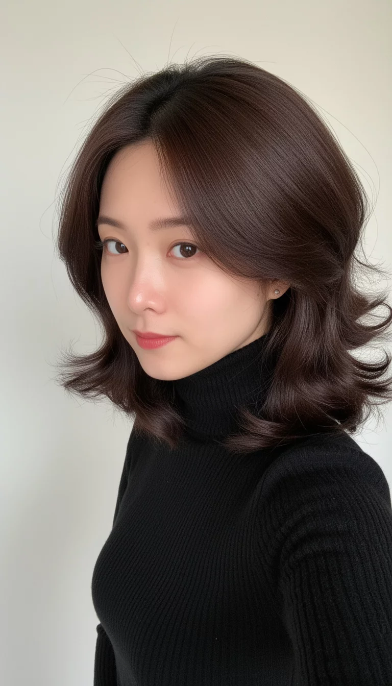 selfie of a 30-year-old woman wearing a black turtleneck top with a dark brown colored shiny hair styled with outward volume, side view, minimal background