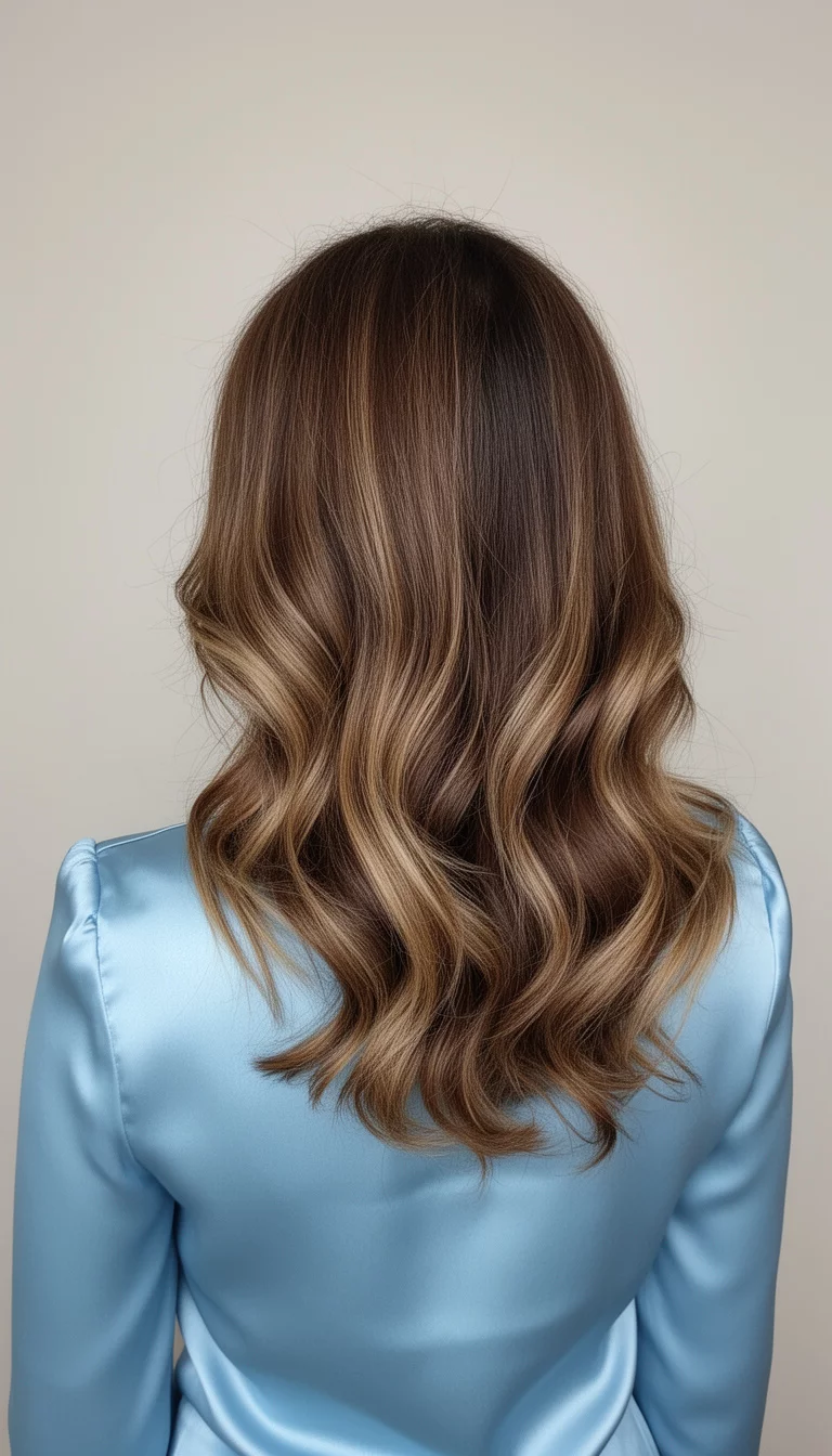 selfie of a 35-year-old woman wearing a light blue satin-like top with a medium brown hair with lighter highlights colored wavy hair, back view, minimal background