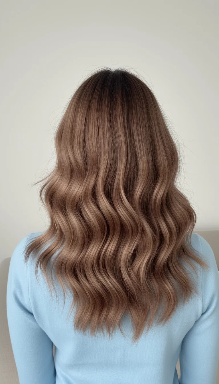 selfie of a 29-year-old woman wearing a light blue top with a milk brown colored wavy hair, back view, minimal background