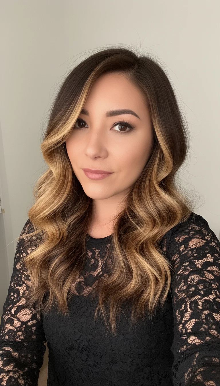 selfie of a 36-year-old woman wearing a black lace top with a dark brown hair with warm blonde highlights colored soft waves, side view, minimal background