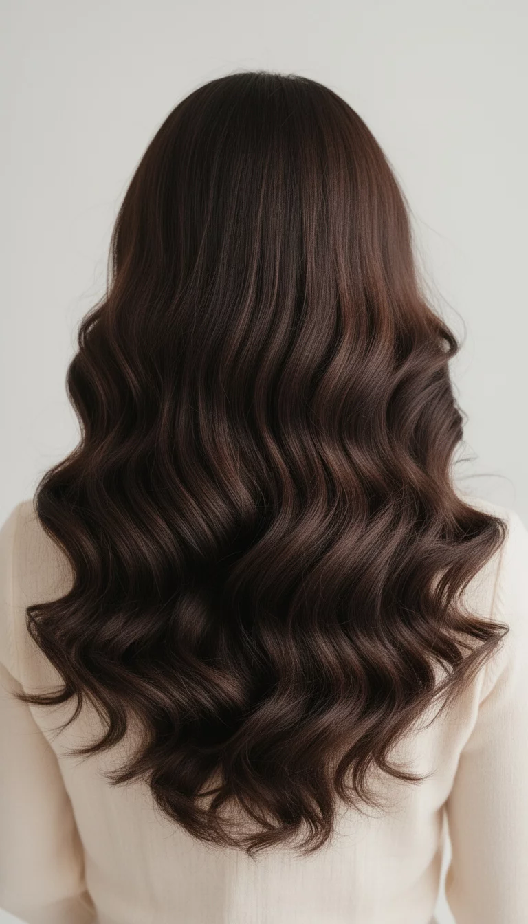 selfie of a 29-year-old woman wearing a light top with a rich dark brown colored deep voluminous waves, back view, minimal background