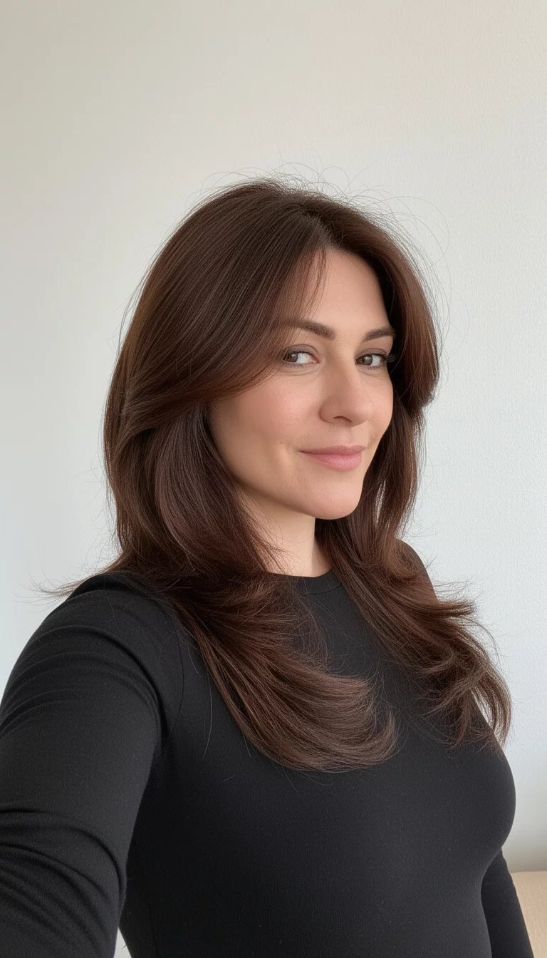 selfie of a 34-year-old woman wearing a long-sleeved black top with a dark brown colored voluminous layered hair, side view, minimal background