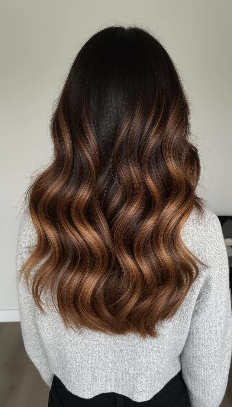 selfie of a 28-year-old woman wearing a light grey cropped sweater with a dark brown hair with warm caramel balayage colored voluminous waves, back view, minimal background