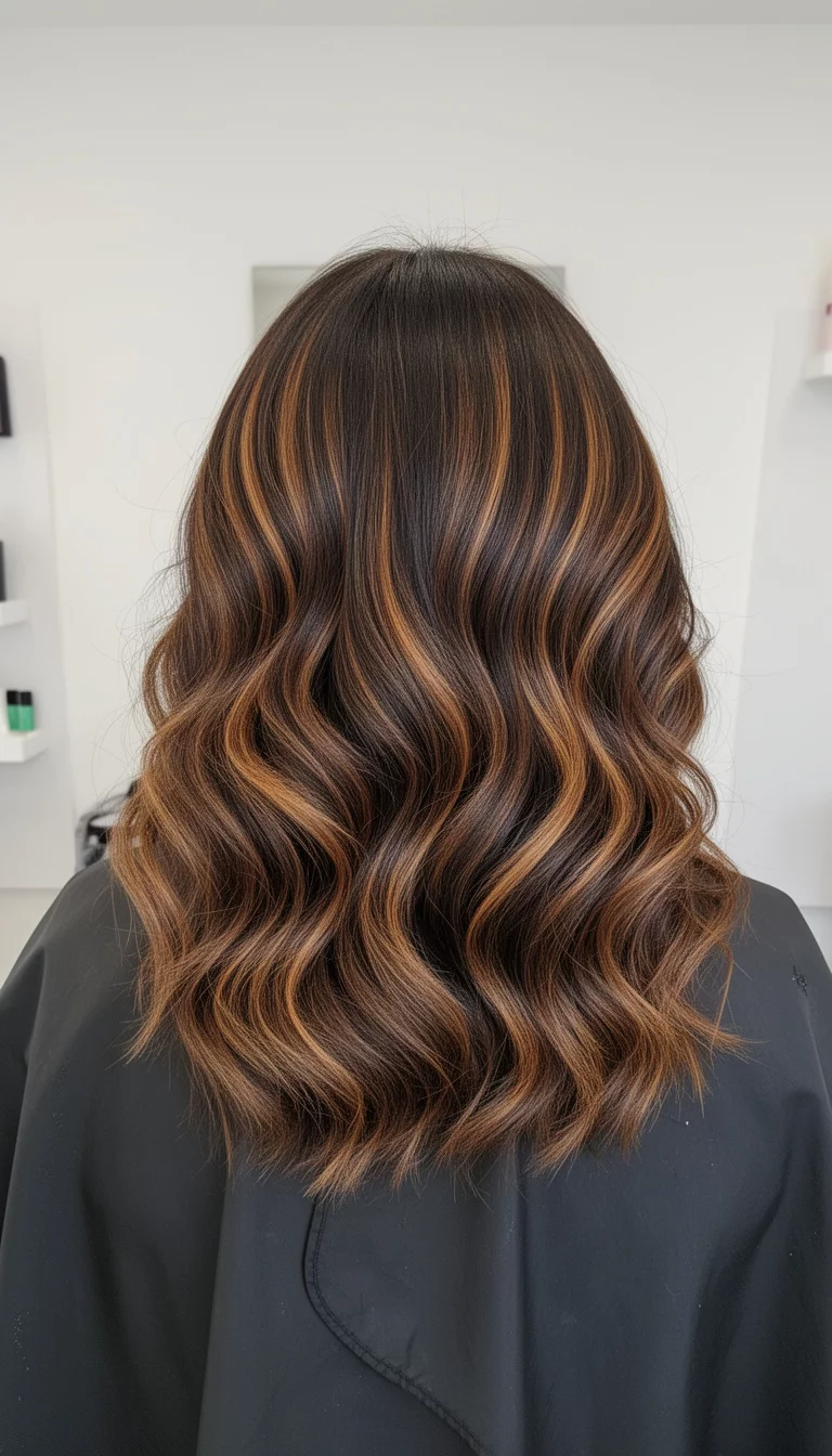 selfie of a 27-year-old woman wearing a salon cape with a dark brown hair with subtle caramel highlights colored soft inward curls, back view, minimal background