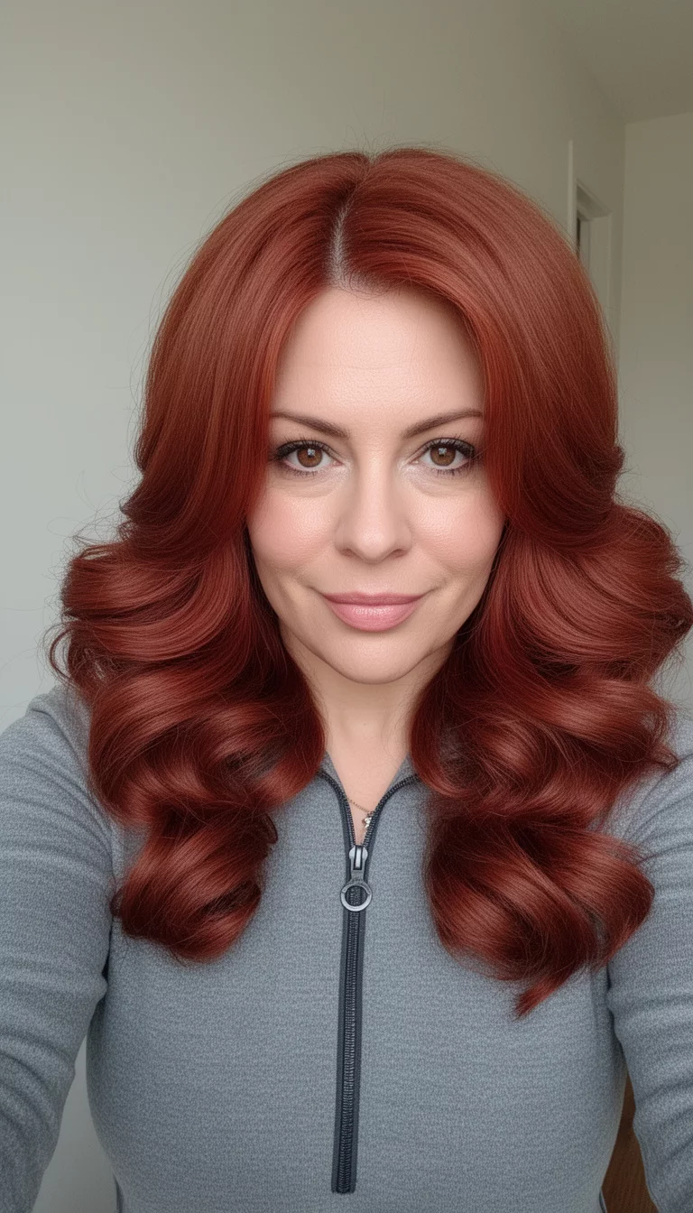 selfie of a 33-year-old woman wearing a grey zip-up top with a rich reddish-brown colored voluminous hair with large bouncy flips, front view, minimal background