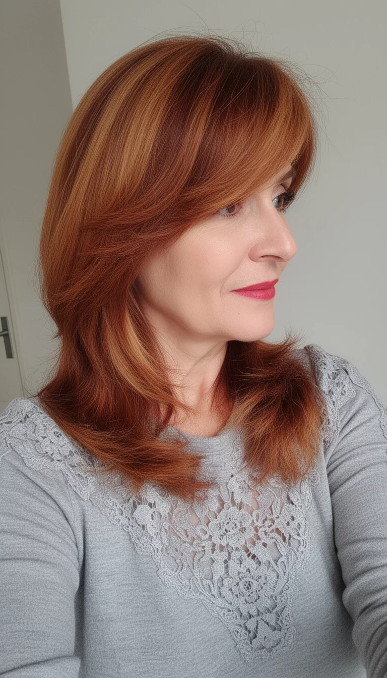 selfie of a 42-year-old woman wearing a grey lace-detail top with a rich auburn and caramel colored layered hair, side view, minimal background