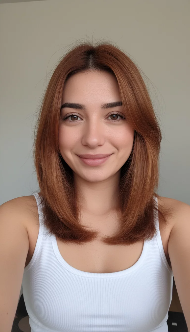 selfie of a 25-year-old woman wearing a white tank top with a warm caramel-brown colored medium-length hair with flipped ends, front view, minimal background