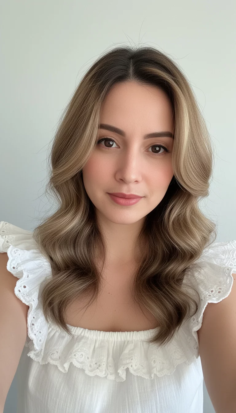 selfie of a 32-year-old woman wearing a white ruffled top with a light brown hair with subtle highlights colored soft waves, front view, minimal background