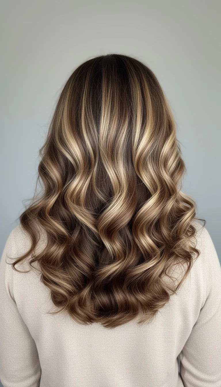 selfie of a 40-year-old woman wearing a neutral top with a multi-toned brown hair with blonde highlights colored soft voluminous waves, back view, minimal background