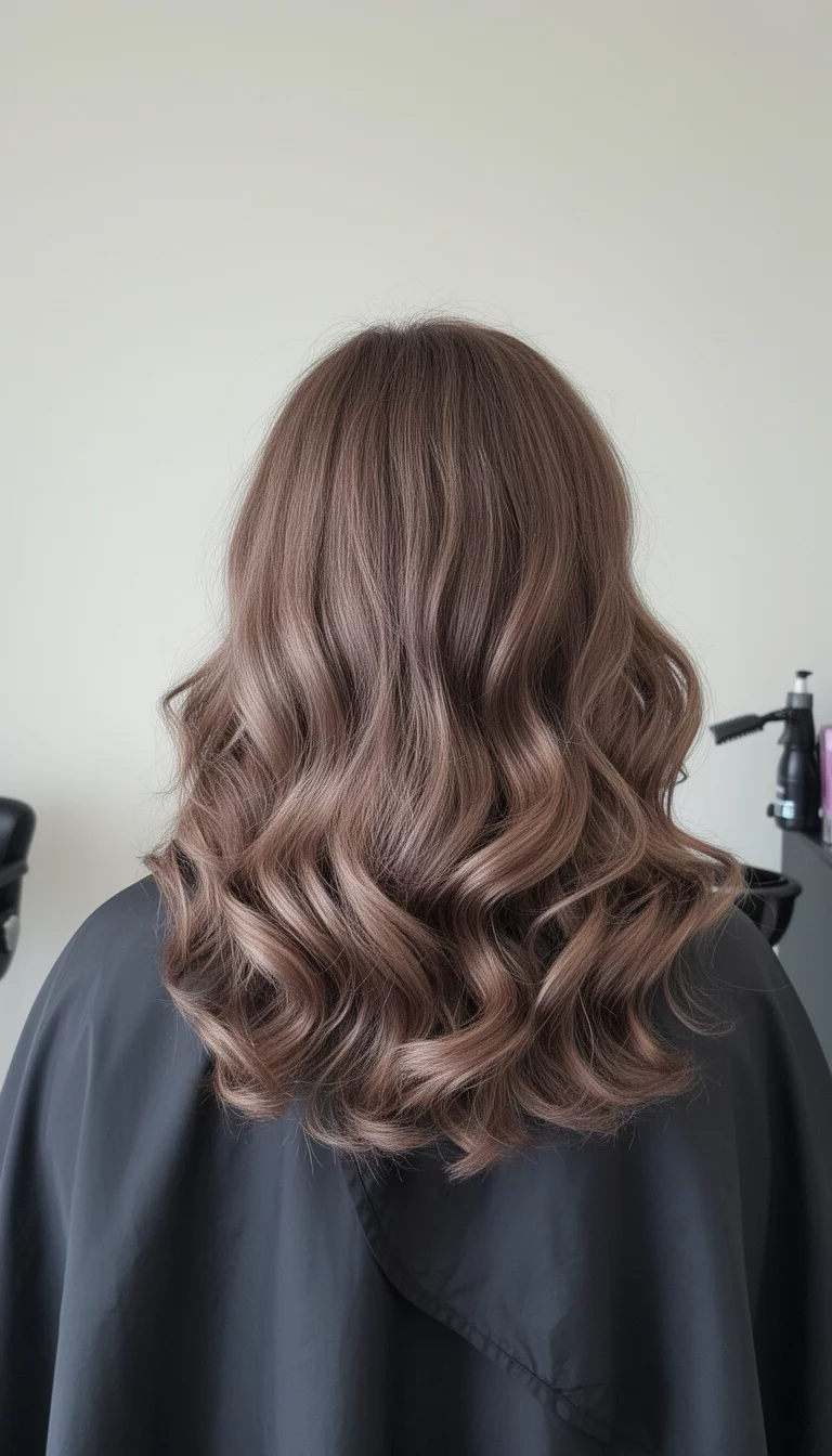 selfie of a 45-year-old woman wearing a salon cape with a cool-toned brown colored soft waves, back view, minimal background