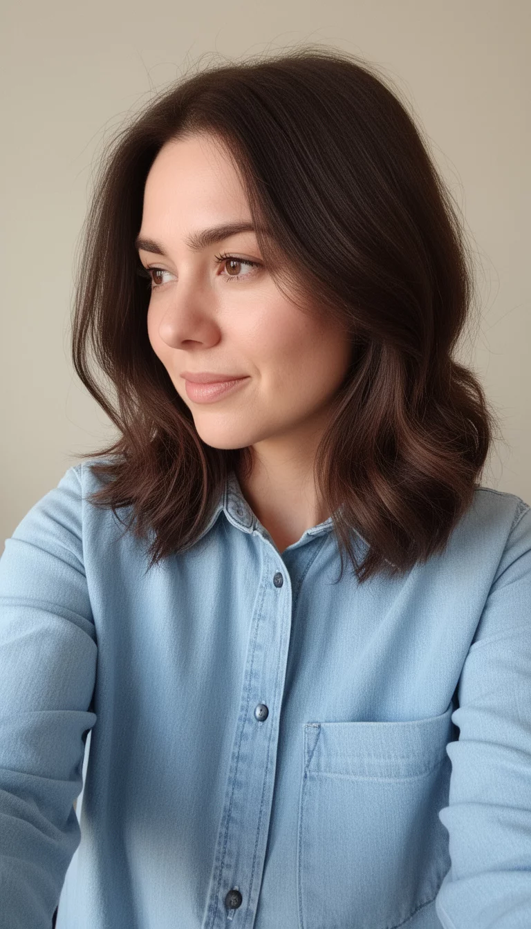 selfie of a 30-year-old woman wearing a light blue denim-style button-up shirt with a medium-length dark brown colored hair with a slight wave, side view, minimal background