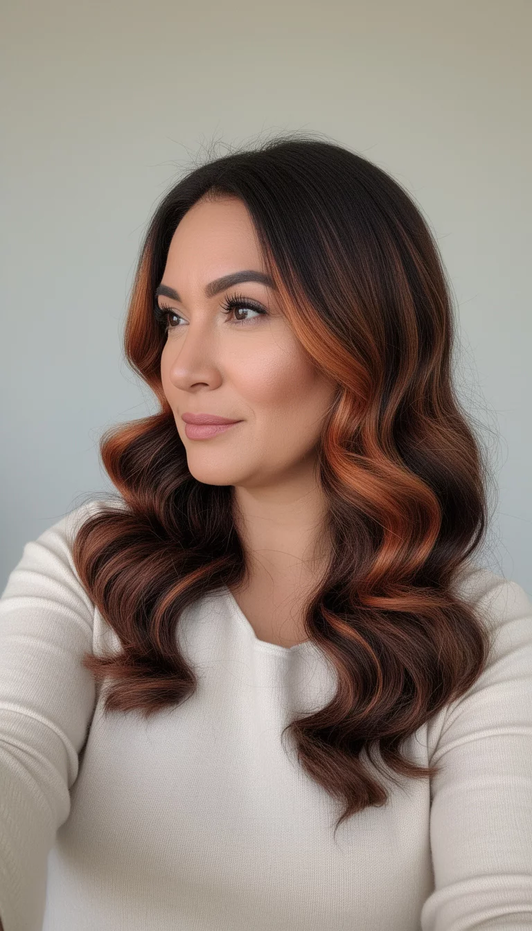 selfie of a 38-year-old woman wearing a light-colored top with a dark brown hair with warm highlights colored voluminous waves, side view, minimal background