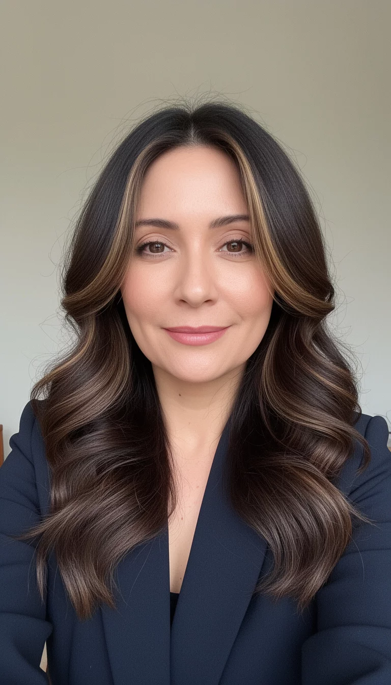 selfie of a 37-year-old woman wearing a dark blazer with a dark brown hair with subtle face-framing highlights colored soft loose waves, front view, minimal background