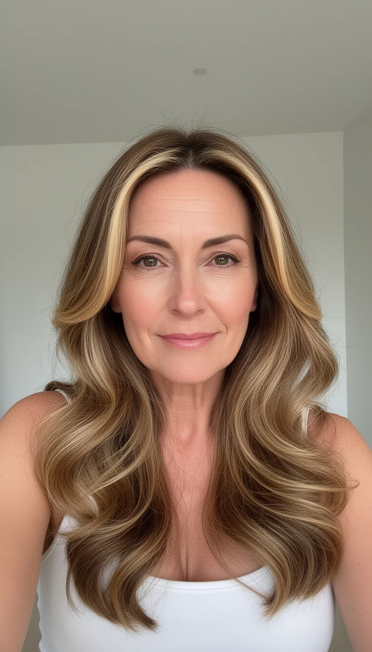 selfie of a 47-year-old woman wearing a white top with a brunette hair with warm blonde highlights colored long, voluminous hair, front view, minimal background