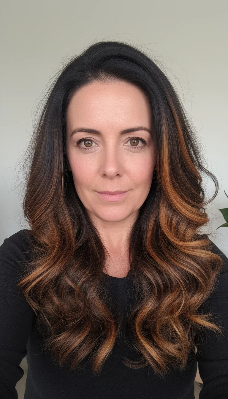 selfie of a 41-year-old woman wearing a black top with a dark brown hair with caramel highlights colored long, voluminous hair, front view, minimal background