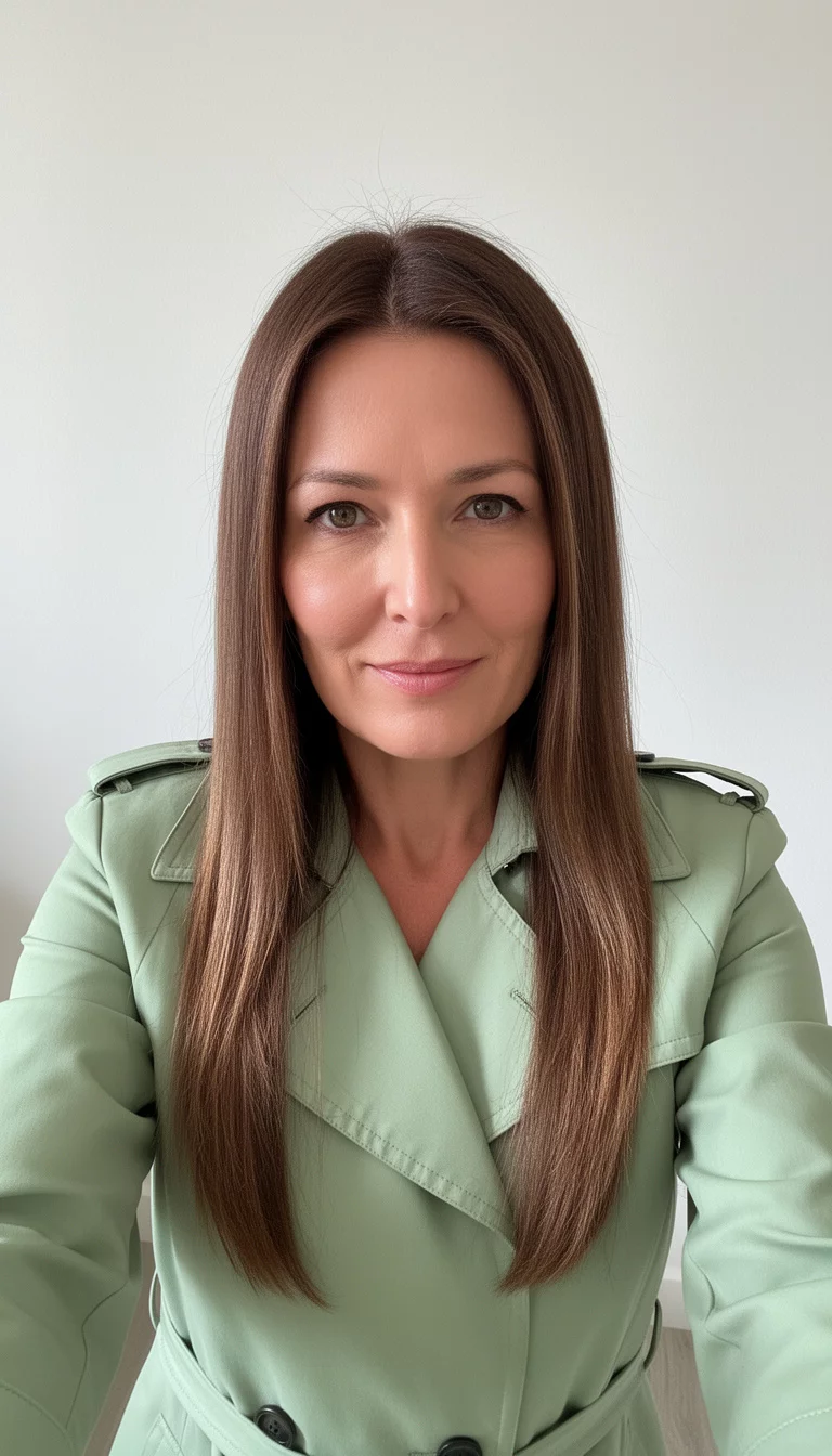 selfie of a 44-year-old woman wearing a light green trench coat with a straight brown hair with subtle layers colored long, straight hair, front view, minimal background