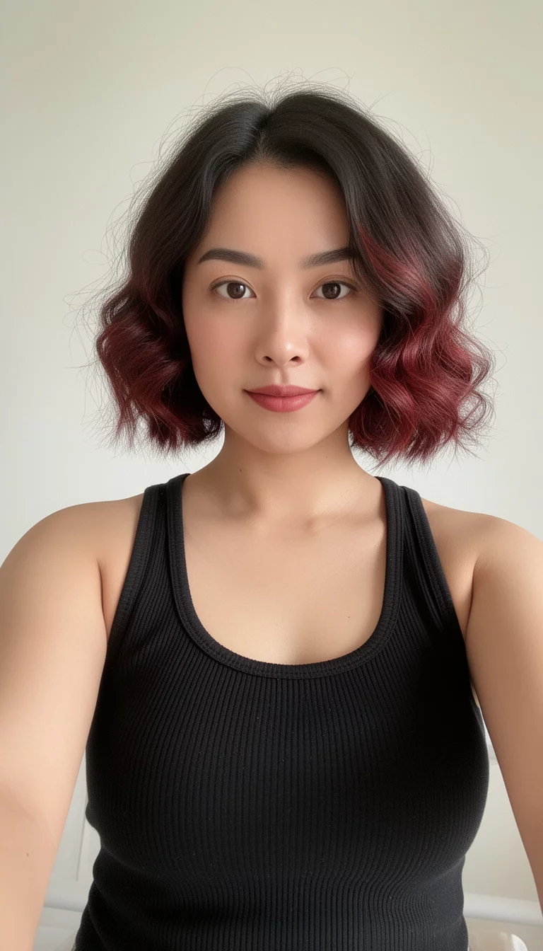 selfie of a 33-year-old woman wearing a black ribbed tank top with a short dark brown hair with slight reddish tones colored short hair in waves, front view, minimal background