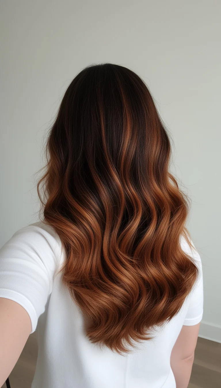 selfie of a 40-year-old woman wearing a white top with a dark brown hair with warm caramel undertones colored very long hair in soft waves, back view, minimal background