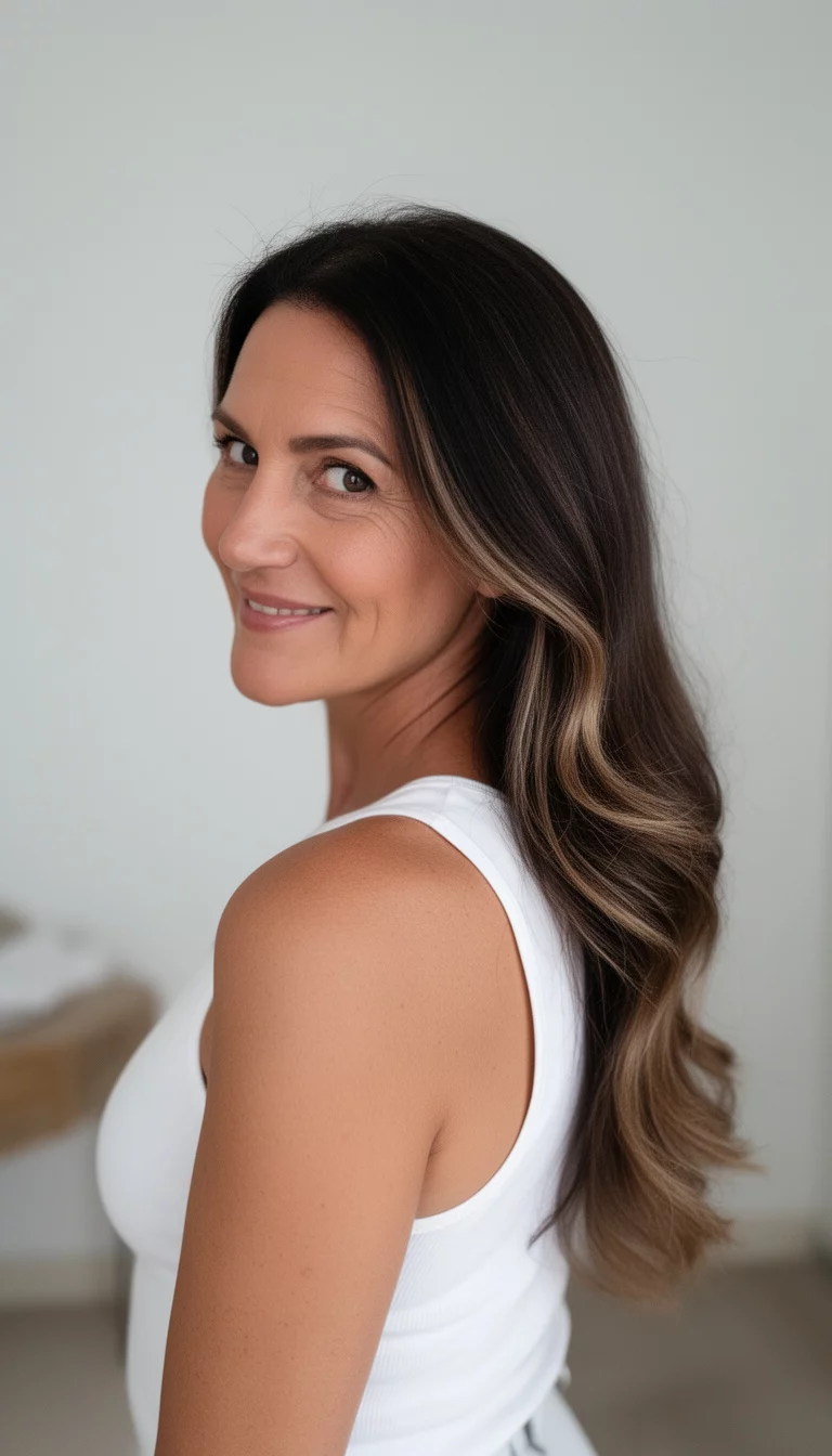 selfie of a 45-year-old woman wearing a white tank top with a dark brown hair with subtle lighter tones colored long hair, side/back view, minimal background