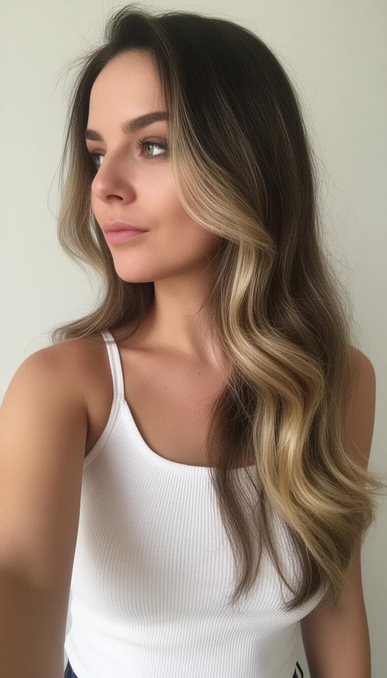 selfie of a 27-year-old woman wearing a white tank top with a dark brown hair with prominent blonde highlights colored long, wavy hair, profile side view, minimal background