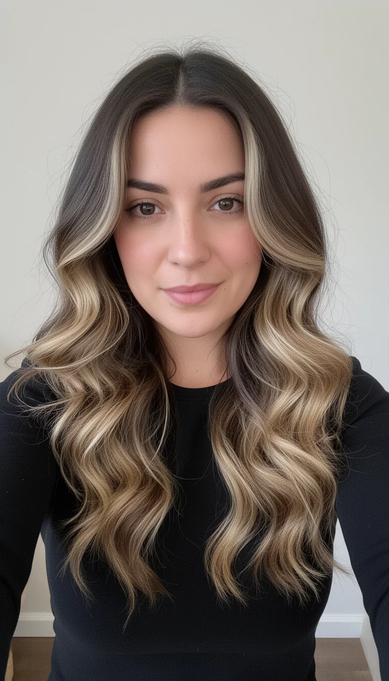 selfie of a 28-year-old woman wearing a black top with a dark brown hair with significant blonde balayage colored long, wavy hair, front view, minimal background