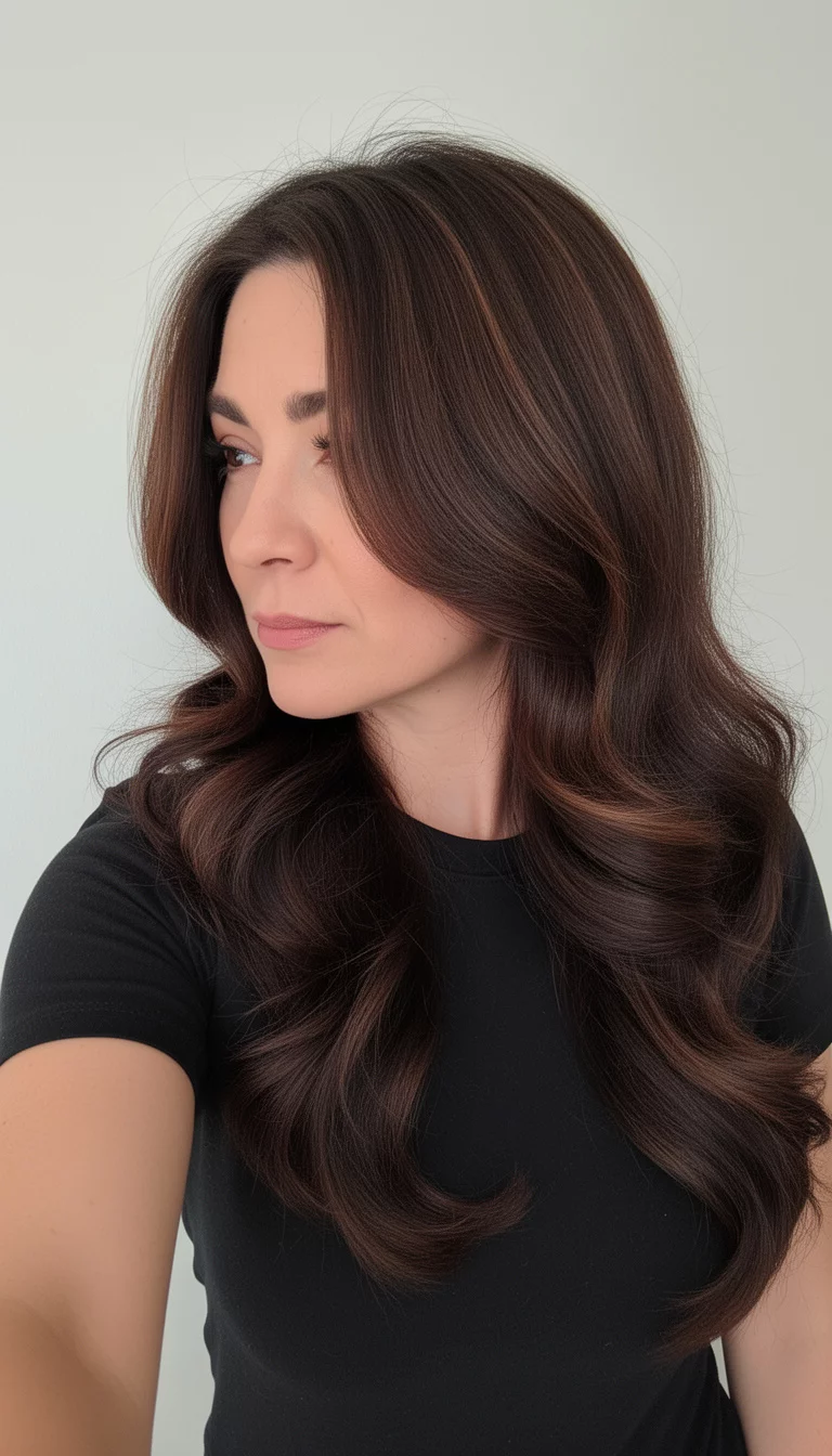 selfie of a 39-year-old woman wearing a black t-shirt with a dark brown hair with sweeping layers colored long, voluminous hair, profile view, minimal background