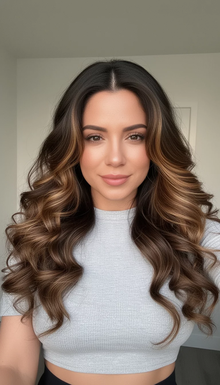selfie of a 32-year-old woman wearing a light gray cropped top with a dark brown hair with sun-kissed highlights colored long hair with large bouncy outward curls, front view, minimal background