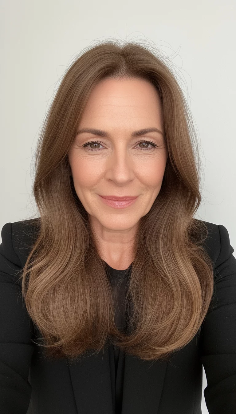 selfie of a 50-year-old woman wearing a black blazer with a soft spring brunette hair color colored long hair, front view, minimal background