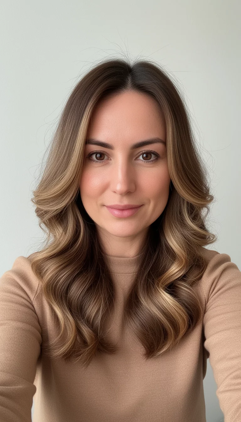 selfie of a 36-year-old woman wearing a light brown top with a medium brown hair with subtle lighter tones colored long, wavy hair, front view, minimal background