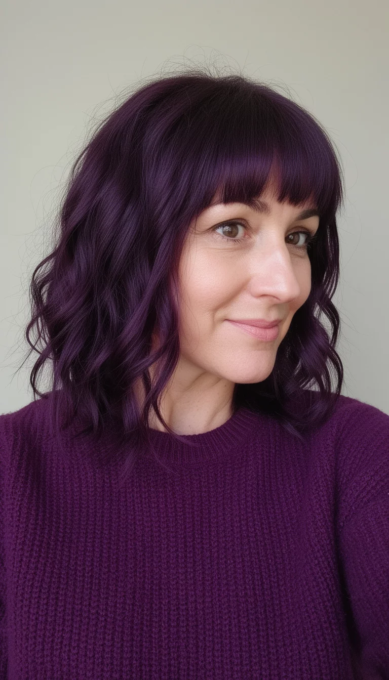 selfie of a 42-year-old woman wearing a deep purple knit sweater with a dark purple-toned hair colored medium-length, wavy hair with short fringe, side view, minimal background