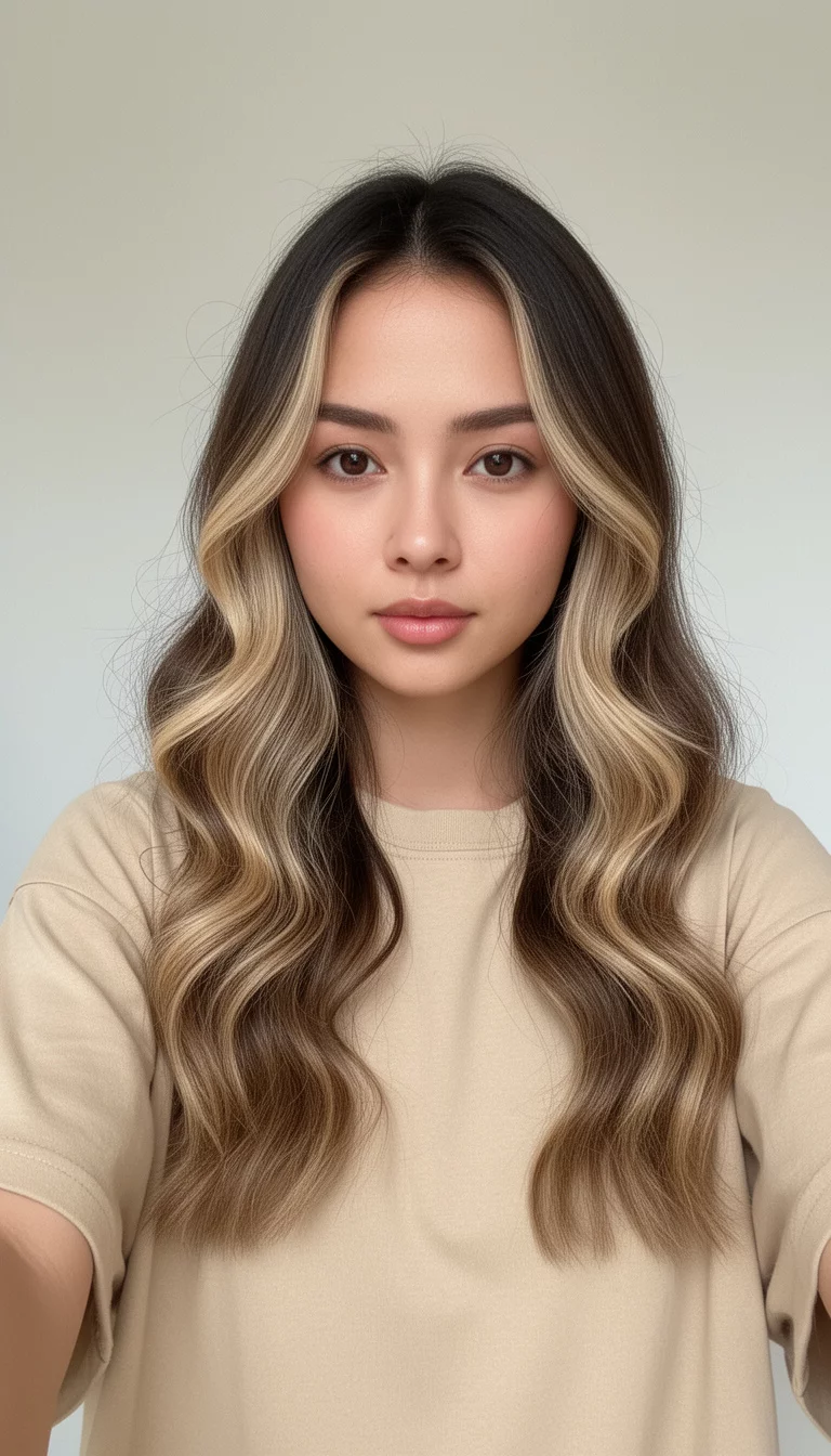 selfie of a 25-year-old woman wearing a beige oversized t-shirt with a medium brown hair with heavy blonde highlights colored long hair with soft waves, front view, minimal background