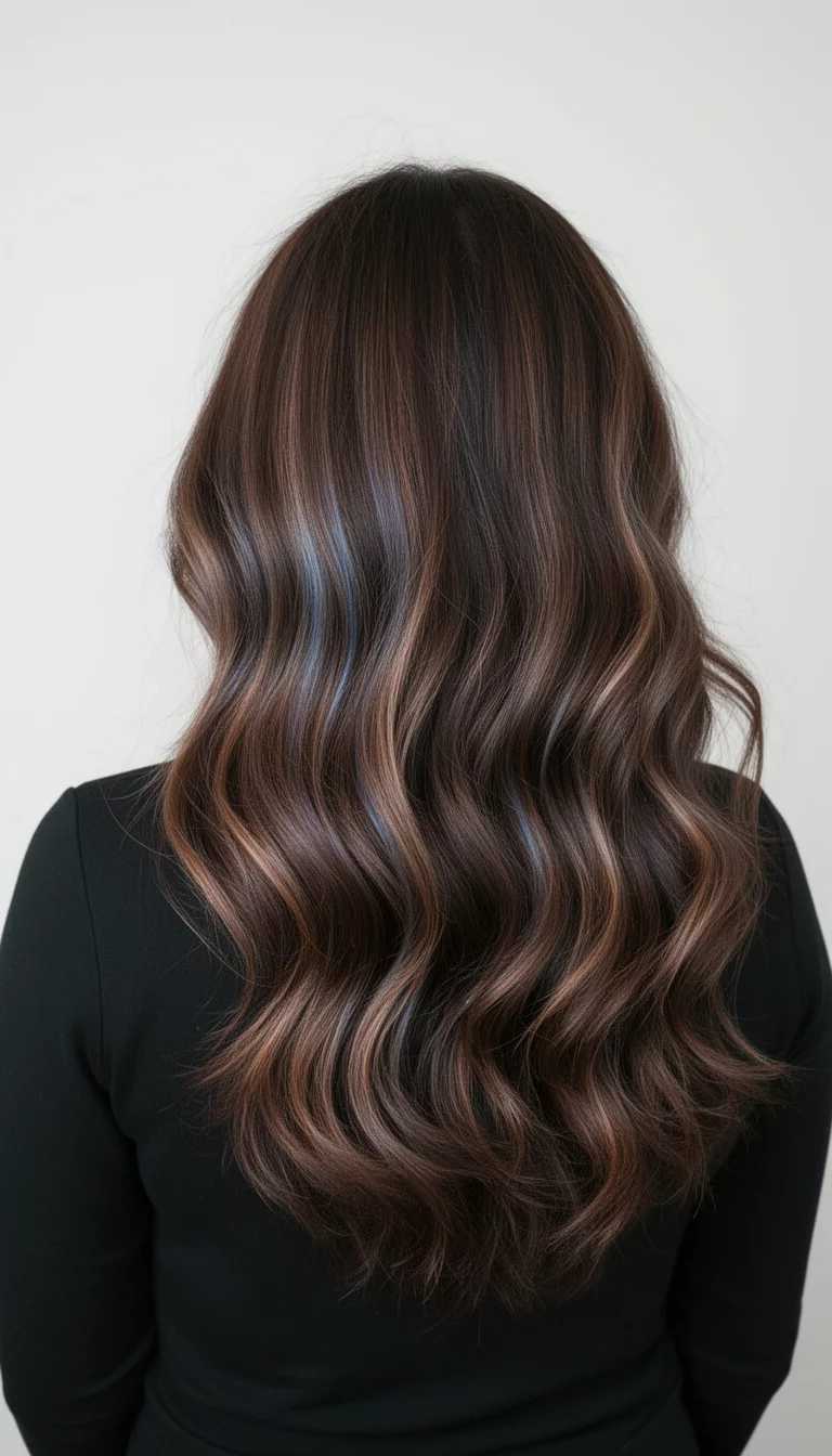 selfie of a 37-year-old woman wearing a black top with a rich brown hair with subtle cool-toned highlights colored long, wavy hair, back view, minimal background