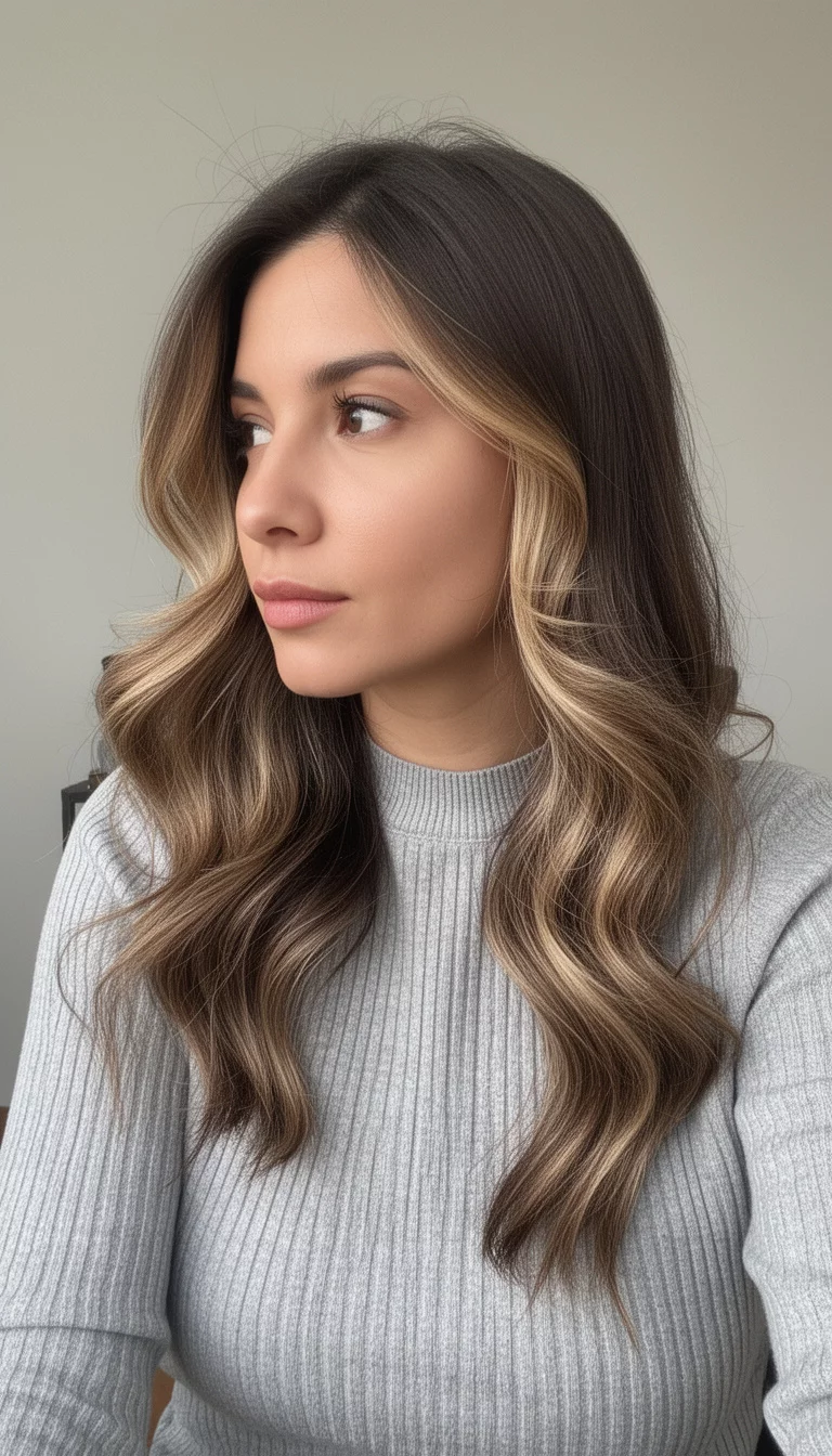 selfie of a 31-year-old woman wearing a light gray ribbed sweater with a brunette hair with lighter face-framing highlights colored long, wavy hair, side view, minimal background