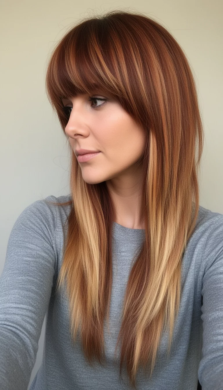 selfie of a 29-year-old woman wearing a gray top with a rich auburn and blonde highlights colored long, layered hair with a heavy fringe, side view, minimal background